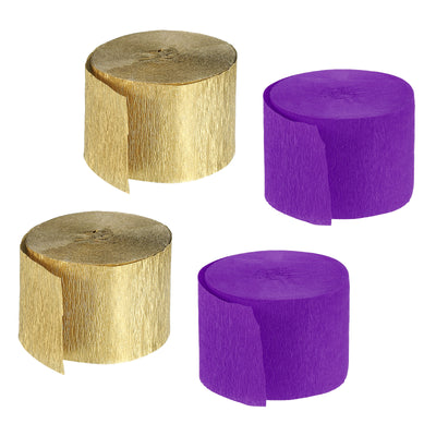 Harfington Crepe Paper Streamers 4 Rolls 72ft in 2 Colors (Purple,Gold Tone)