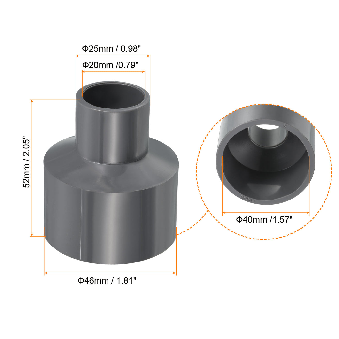 Harfington PVC Reducer Pipe Fitting 40x20mm, 3 Pack Straight Coupling Adapter Connector, Gray