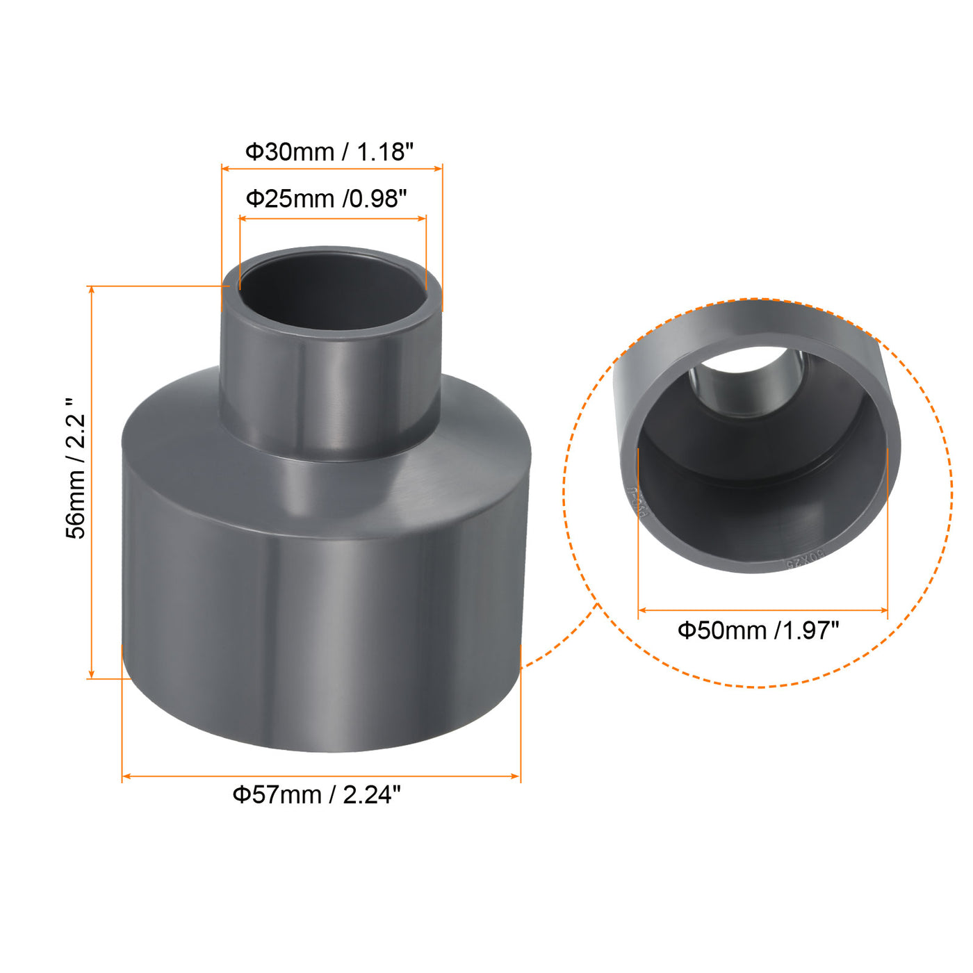 Harfington PVC Reducer Pipe Fitting 50x25mm, 3 Pack Straight Coupling Adapter Connector, Gray