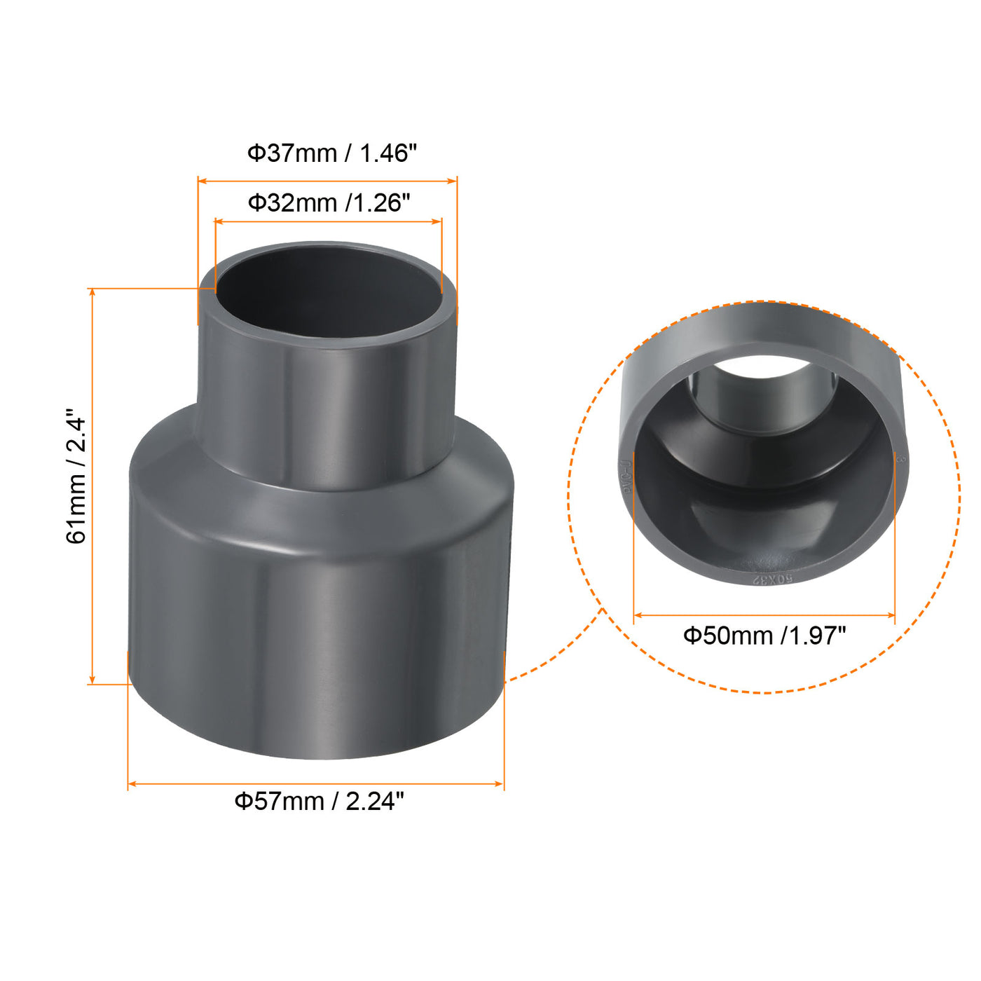 Harfington PVC Reducer Pipe Fitting 50x32mm, 4 Pack Straight Coupling Adapter Connector, Gray
