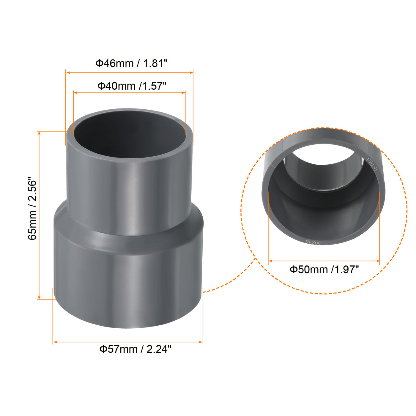 Harfington PVC Reducer Pipe Fitting 50x40mm, 3 Pack Straight Coupling Adapter Connector, Gray