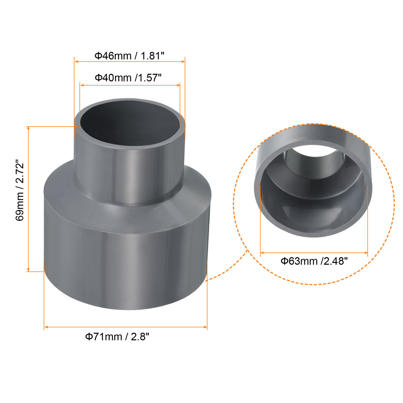 Harfington PVC Reducer Pipe Fitting 63x40mm, 2 Pack Straight Coupling Adapter Connector, Gray