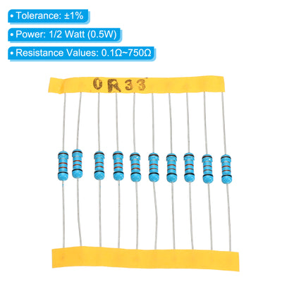 Harfington 300pcs Metal Film Resistor Assortment Kit 0.1 Ohm - 750 Ohm, 30 Values 1/2W 1% Tolerance for DIY Projects Experiments