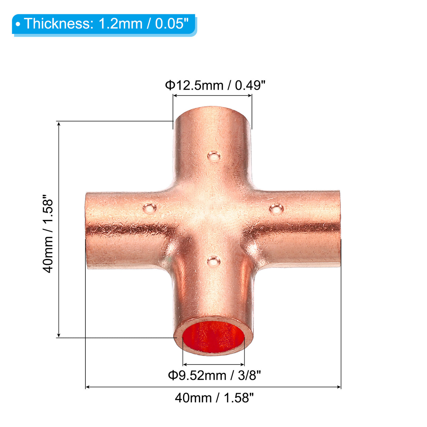 Harfington 3/8 Inch ID Copper Cross Pipe Fitting, 4 Way Welding Copper End Feed Equal Pipe Connector for Plumbing Air Conditioning Refrigeration