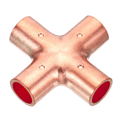 Harfington 3/8 Inch ID Copper Cross Pipe Fitting, 4 Way Welding Copper End Feed Equal Pipe Connector for Plumbing Air Conditioning Refrigeration