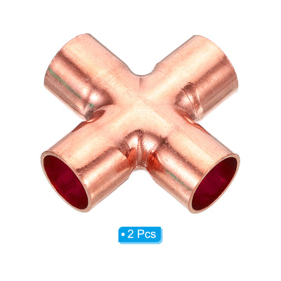 Harfington 15mm (0.6inch) ID Copper Cross Pipe Fitting, 2 Pack 4 Way Welding Copper End Feed Equal Pipe Connector for Plumbing Air Conditioning Refrigeration
