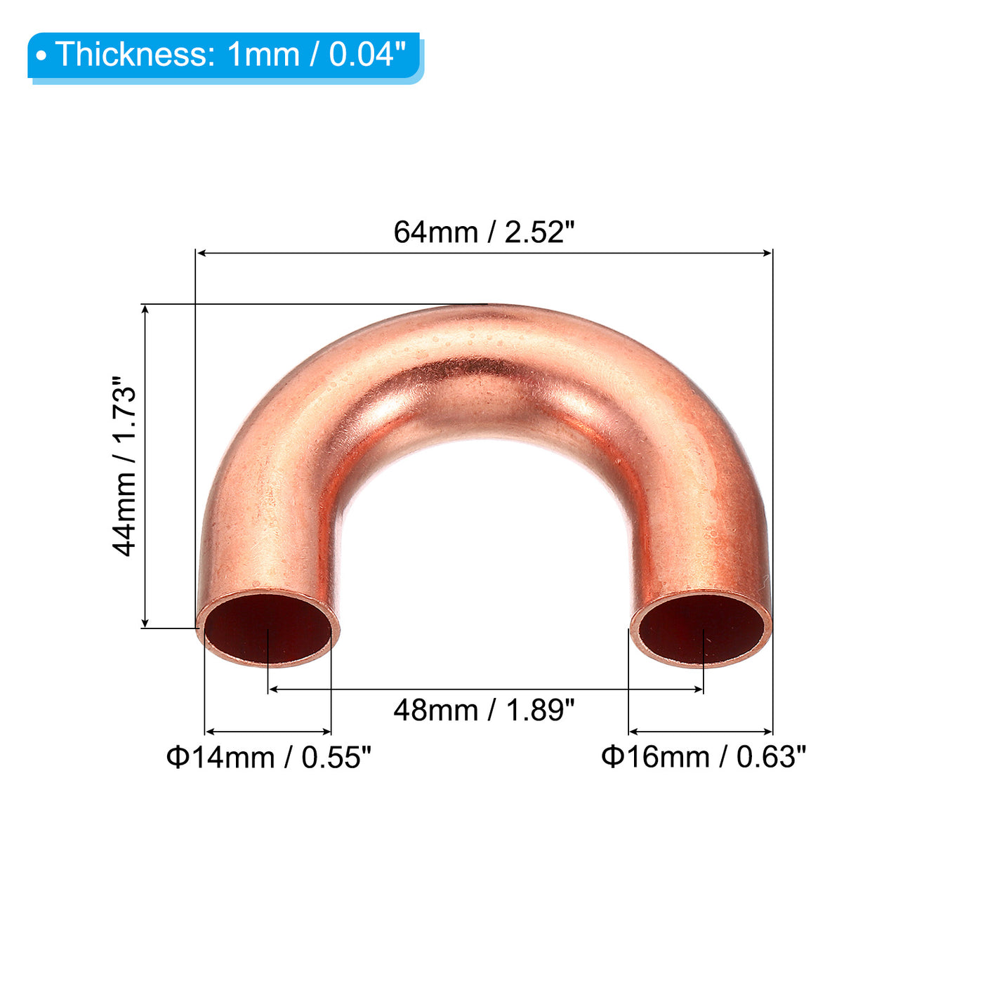 Harfington 16mm OD 64x44mm Elbow Copper Pipe Fitting, 180 Degree Bend Welding Sweat Solder Connection for HVAC Air Conditioner Plumbing
