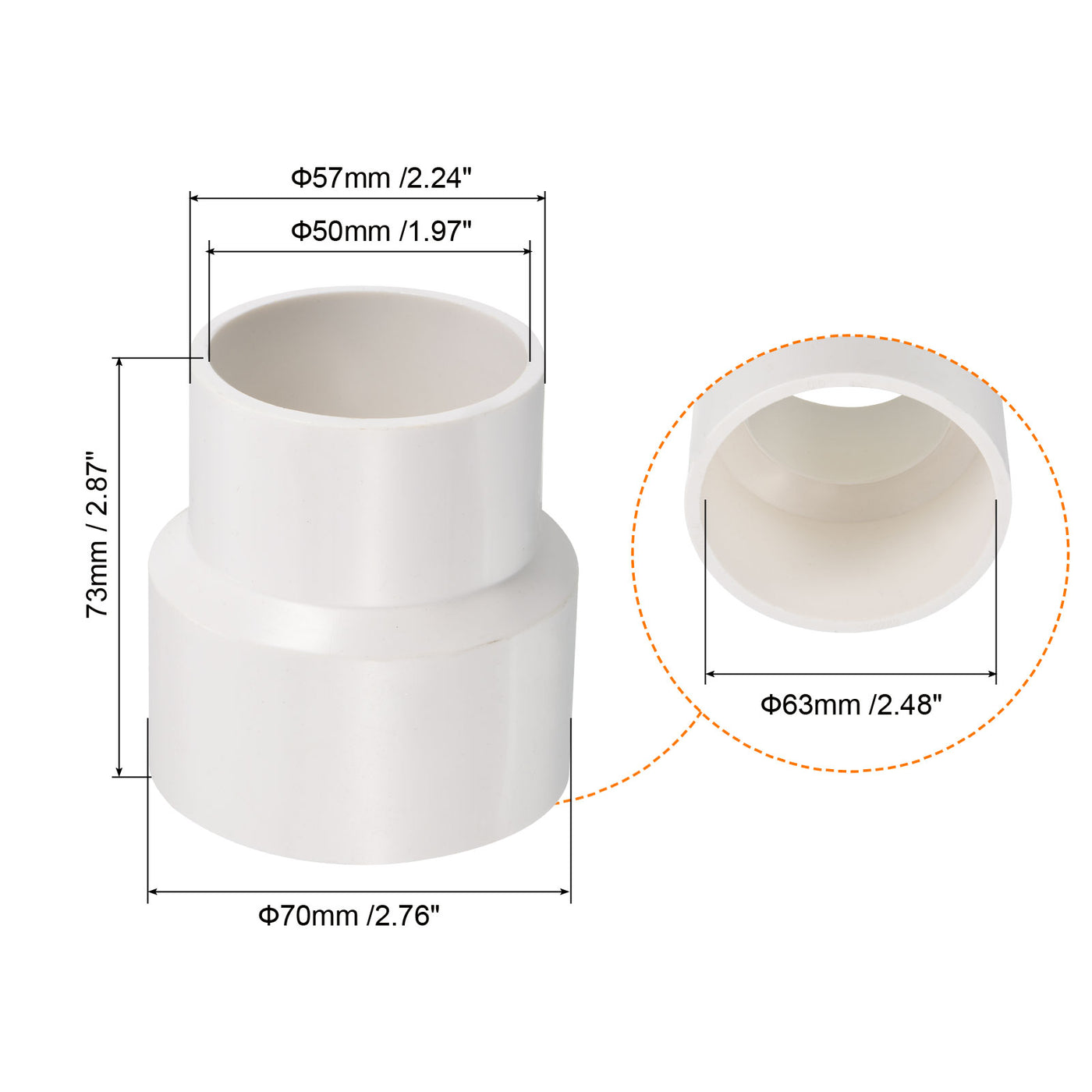 Harfington PVC Reducer Pipe Fitting 63x50mm, 2 Pack Straight Coupling Adapter Connector, White