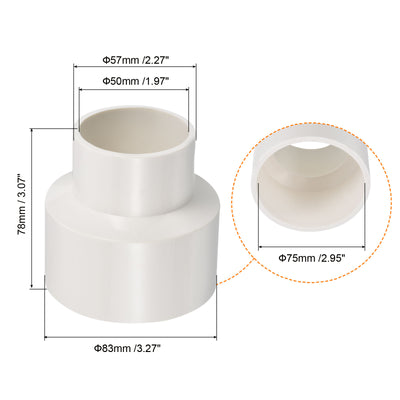 Harfington PVC Reducer Pipe Fitting 75x50mm, 2 Pack Straight Coupling Adapter Connector, White