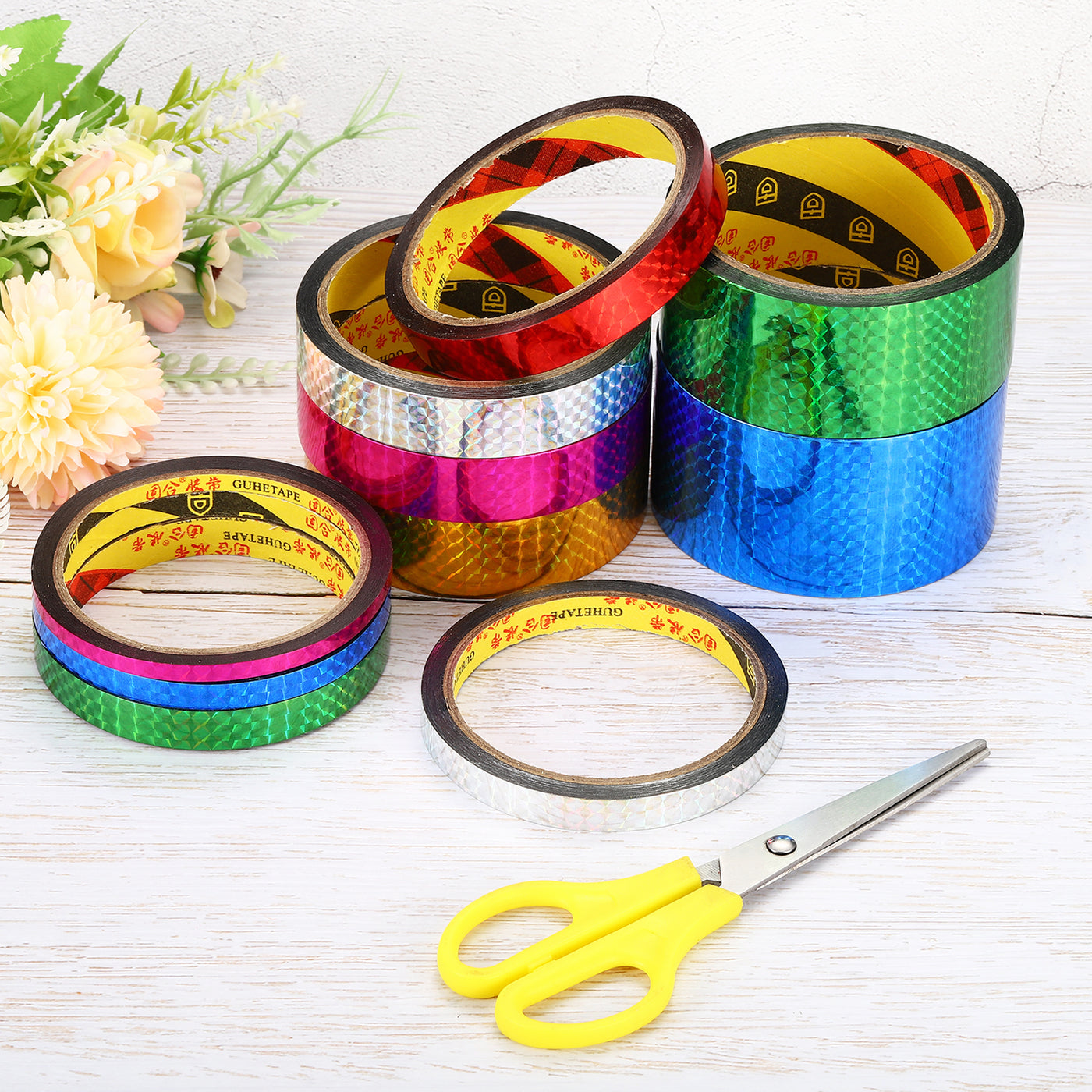 Harfington Prism Tape 18mm x 30m, 2 Pack Holographic Reflective Self Adhesive for DIY Art Craft Wrapping Decoration, Gold
