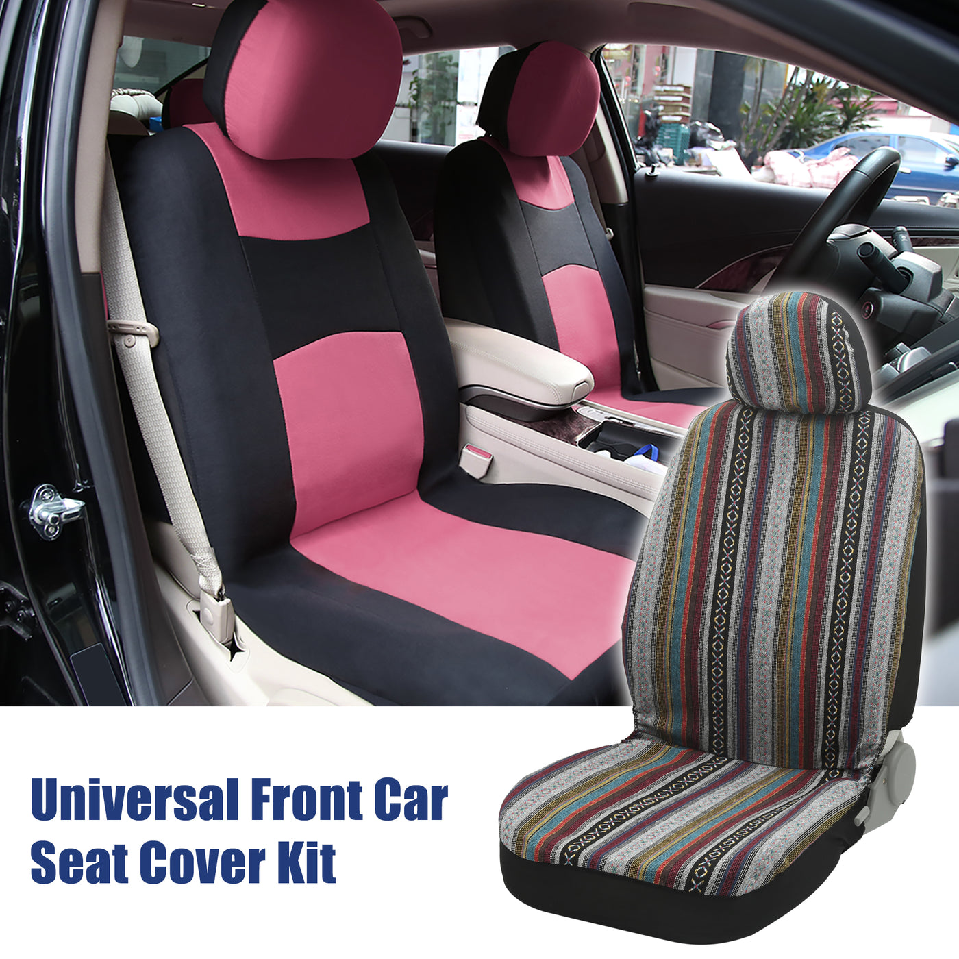 X AUTOHAUX Baja Saddle Blanket Car Seat Covers Front Set with Headrest Cover Washable Breathable Striped Woven Cloth Seat Covers for Most Cars SUV Sedan Truck Multicolor