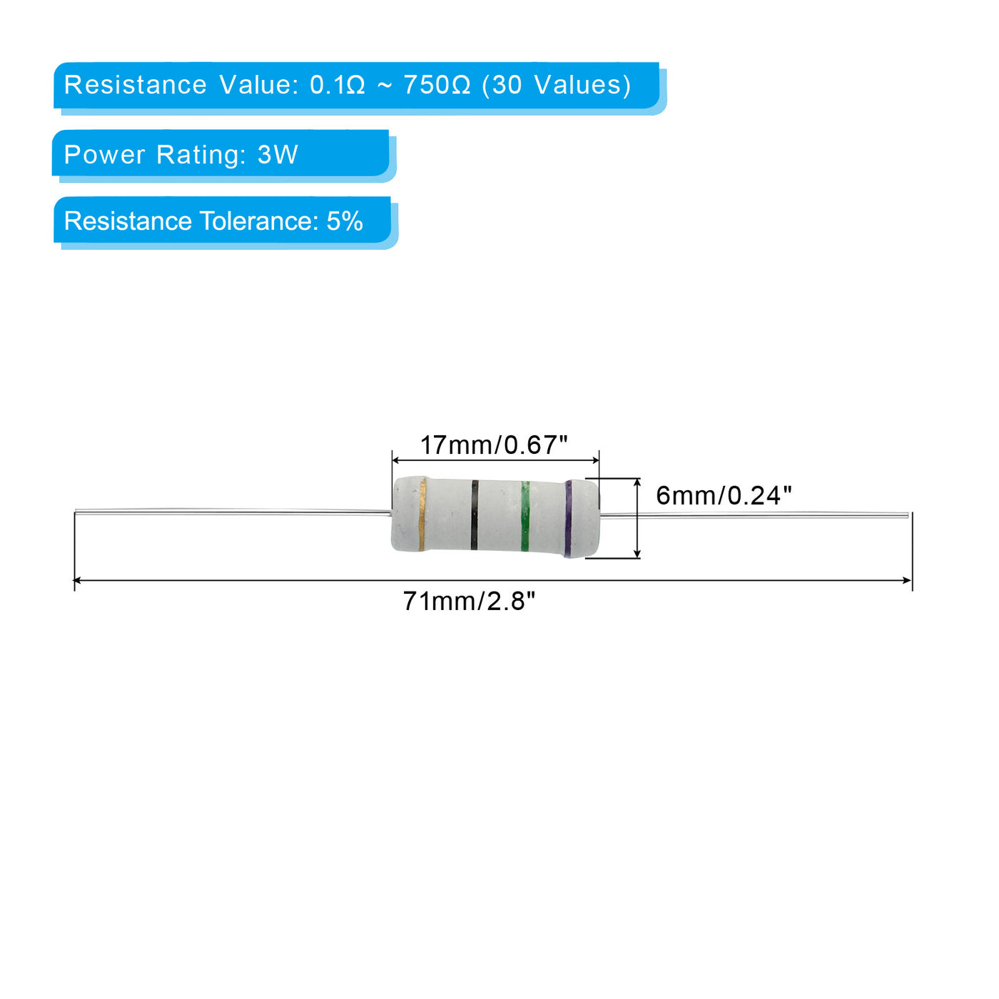 Harfington 3Watt 0.1-750 Ohm Carbon Film Resistor, 150 Pcs 30 Values Resistors Assortment Kit 5% Tolerance for DIY Projects and Experiments