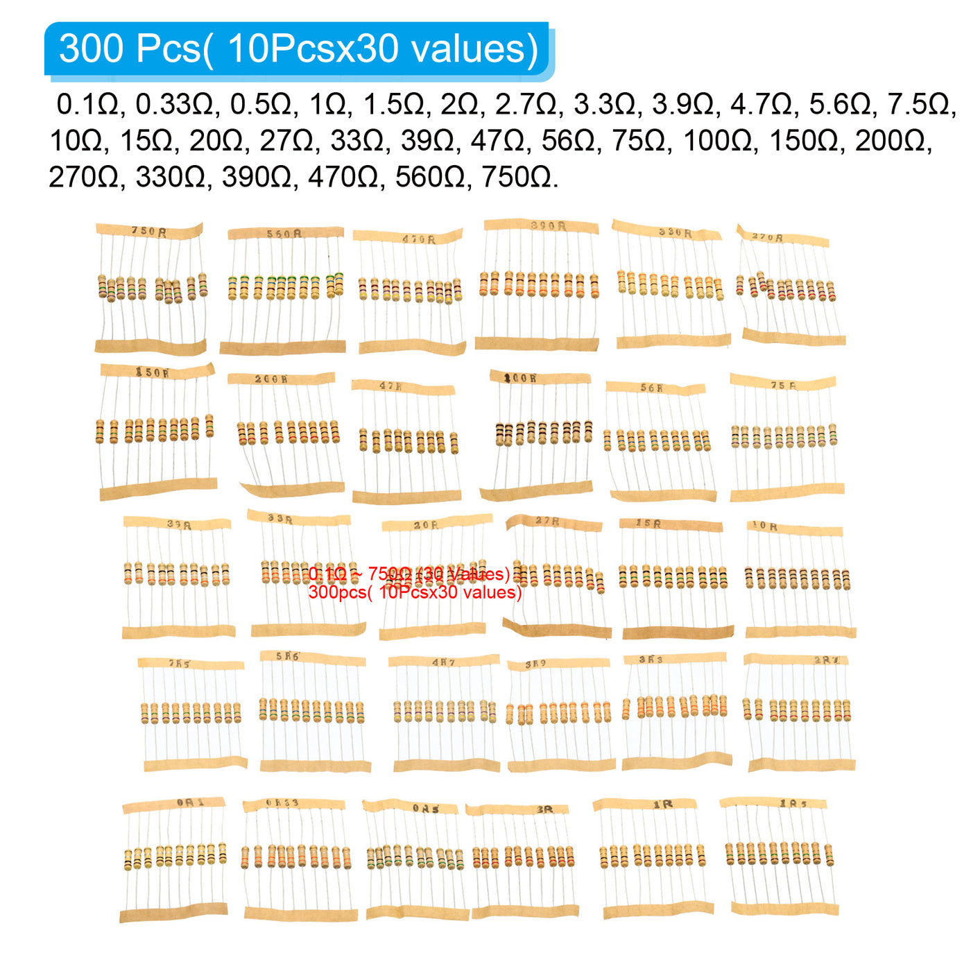 Harfington 1Watt 0.1-750 Ohm Carbon Film Resistor, 300 Pcs 30 Values Resistors Assortment Kit 5% Tolerance for DIY Projects and Experiments