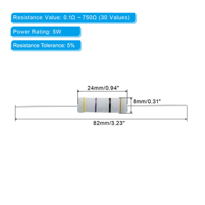 Harfington 5Watt 0.1-750 Ohm Carbon Film Resistor, 150 Pcs 30 Values Resistors Assortment Kit 5% Tolerance for DIY Projects and Experiments