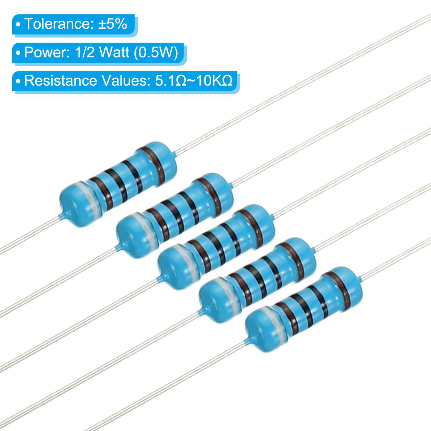 Harfington 200pcs Metal Film Resistor Assortment Kit 5.1 Ohm - 10K Ohm, 10 Values 1/2W 5% Tolerance for DIY Projects Experiments