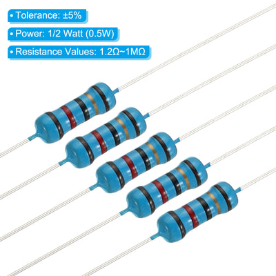 Harfington 500pcs Metal Film Resistor Assortment Kit 1.2 Ohm - 1M Ohm, 50 Values 1/2W 5% Tolerance for DIY Projects Experiments