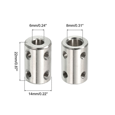 Harfington Shaft Coupler L22xD14 6mm to 8mm Stainless Steel W Screw,Wrench Silver 2Pcs