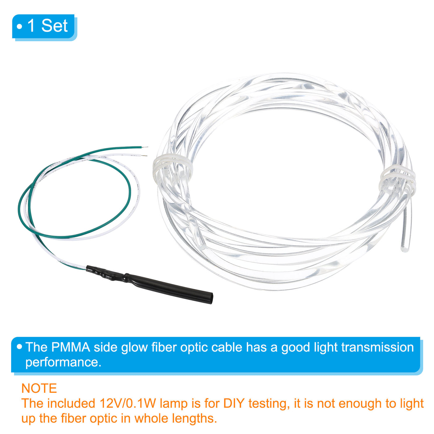Harfington 3mm 2m PMMA Side Glow Fiber Optic Cable Kit, with LED Illuminator 12V 0.1W Testing Light Source Decoration for Home DIY Lighting