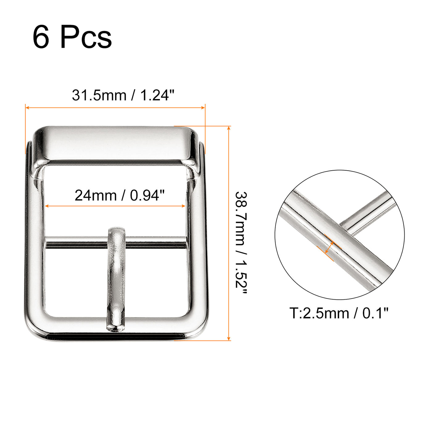 uxcell Uxcell 6Pcs 0.94" Single Prong Belt Buckle Square Center Bar Buckles for Belt, Silver
