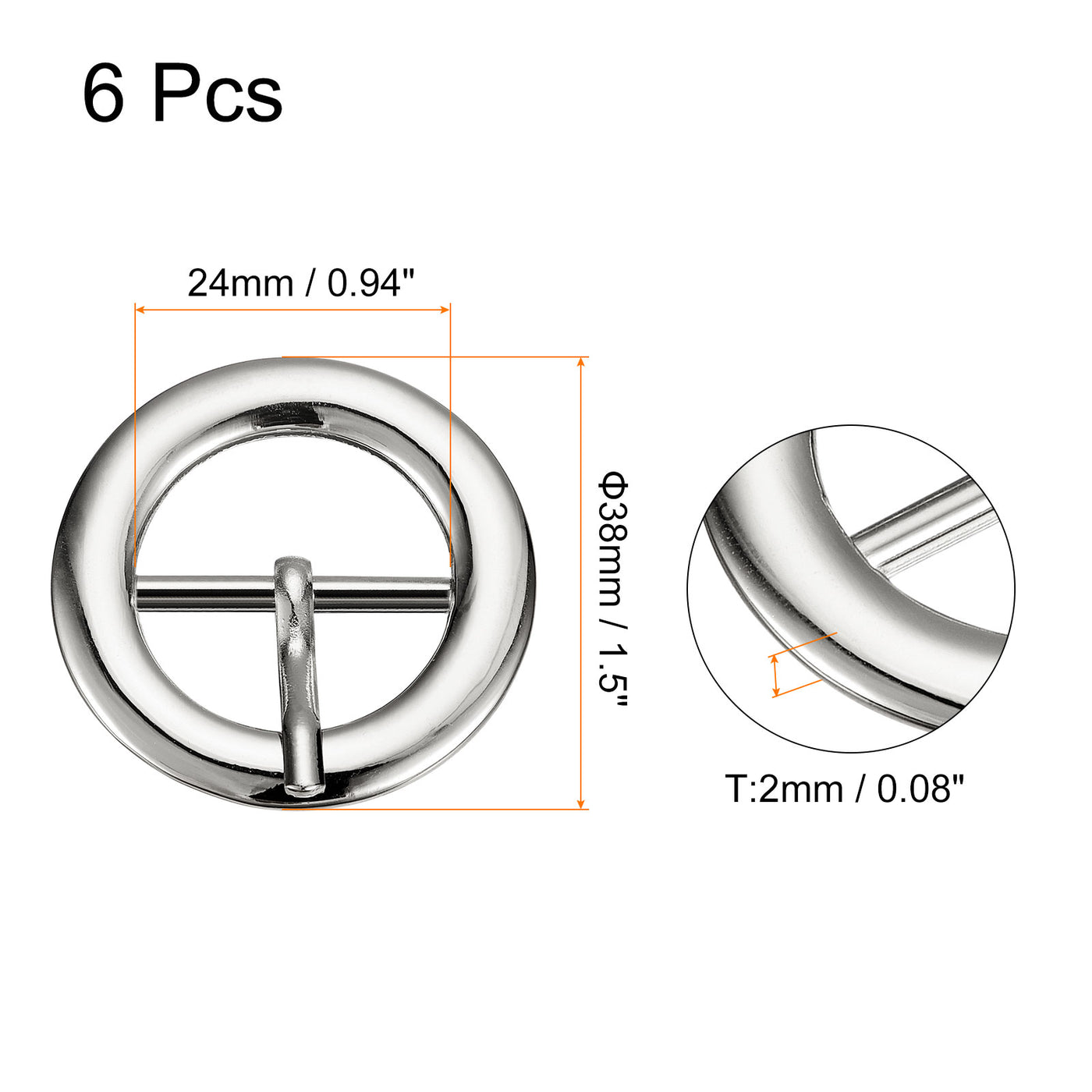 uxcell Uxcell 6Pcs 0.94" Single Prong Belt Buckle Round Center Bar Buckles for Belt, Silver