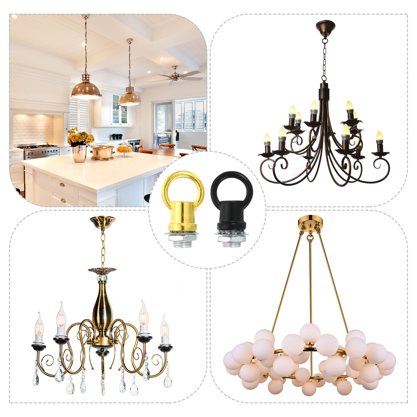Harfington 15kg Load 25mm ID M10 Lamp Female Loop Holder, 3 Set Lifting Eye Nut Hook Ring Shape Structural Support to Chandelier Lighting Fixtures, White