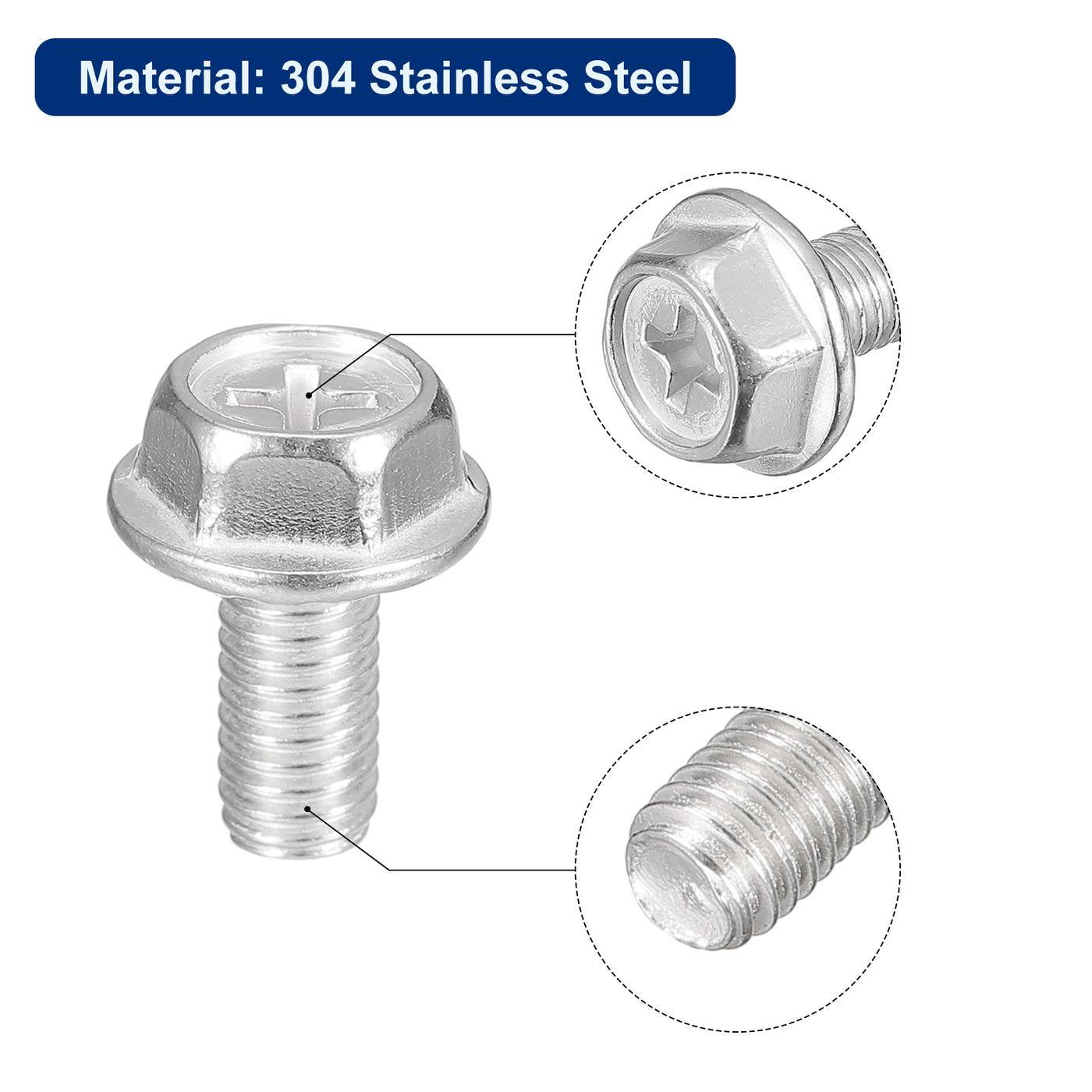 uxcell Uxcell M6x12mm Phillips Hex Head Flange Bolts, 10pcs 304 Stainless Steel Screws