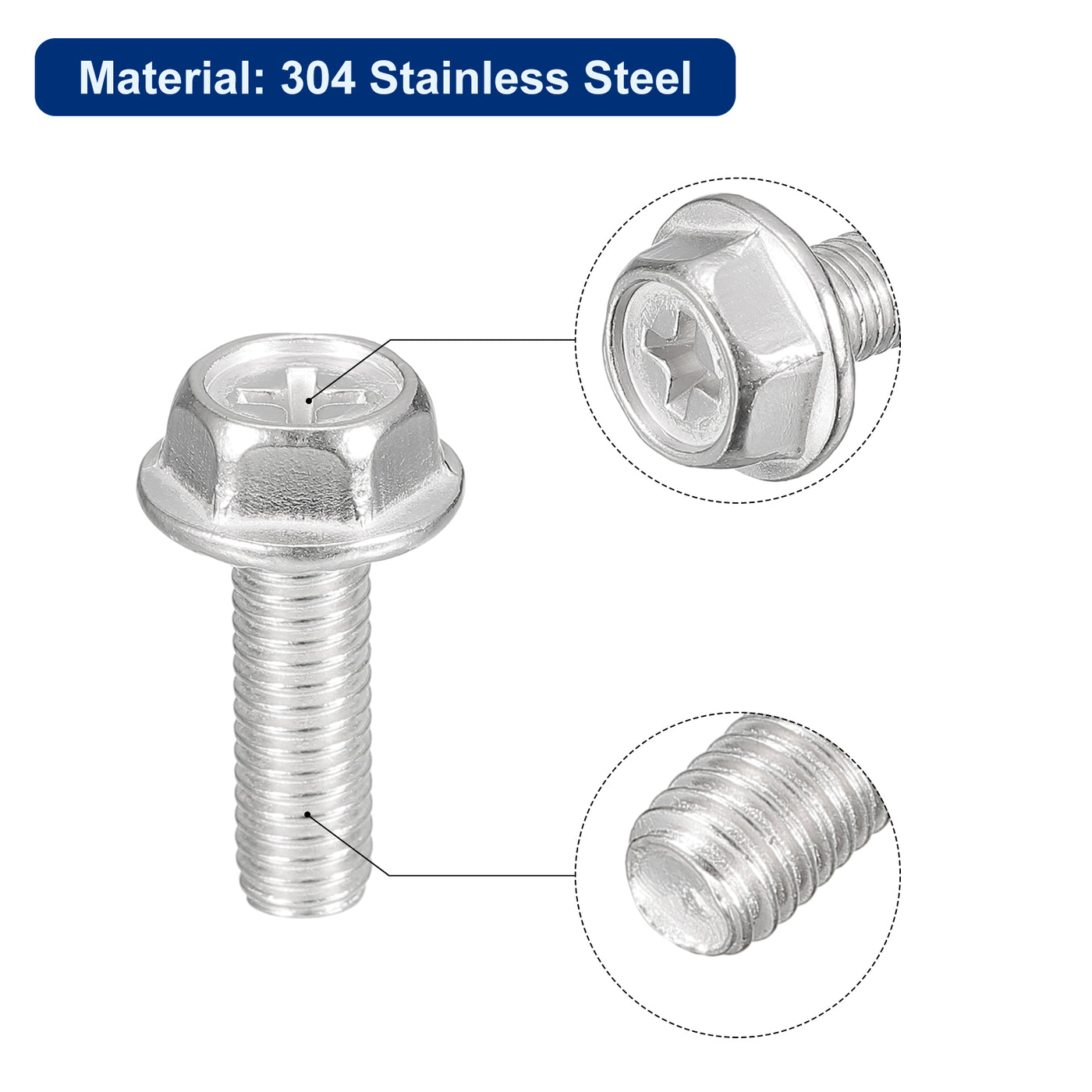 uxcell Uxcell M6x18mm Phillips Hex Head Flange Bolts, 20pcs 304 Stainless Steel Screws