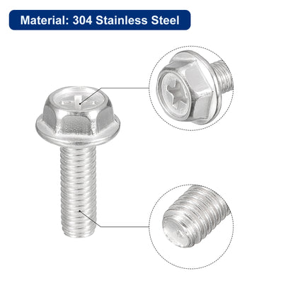 Harfington Uxcell M6x18mm Phillips Hex Head Flange Bolts, 20pcs 304 Stainless Steel Screws
