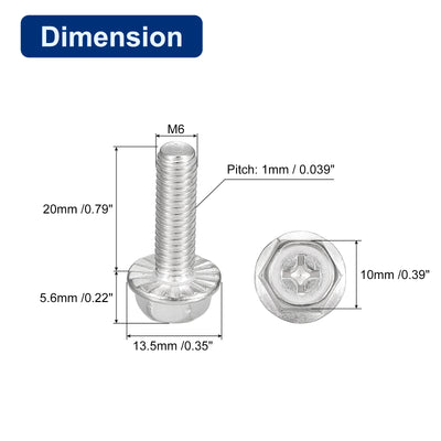 Harfington Uxcell M6x20mm Phillips Hex Head Flange Bolts, 10pcs 304 Stainless Steel Screws