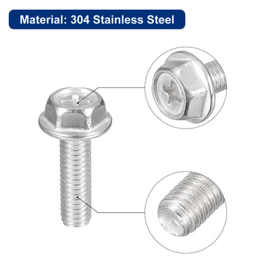 Harfington Uxcell M6x20mm Phillips Hex Head Flange Bolts, 20pcs 304 Stainless Steel Screws