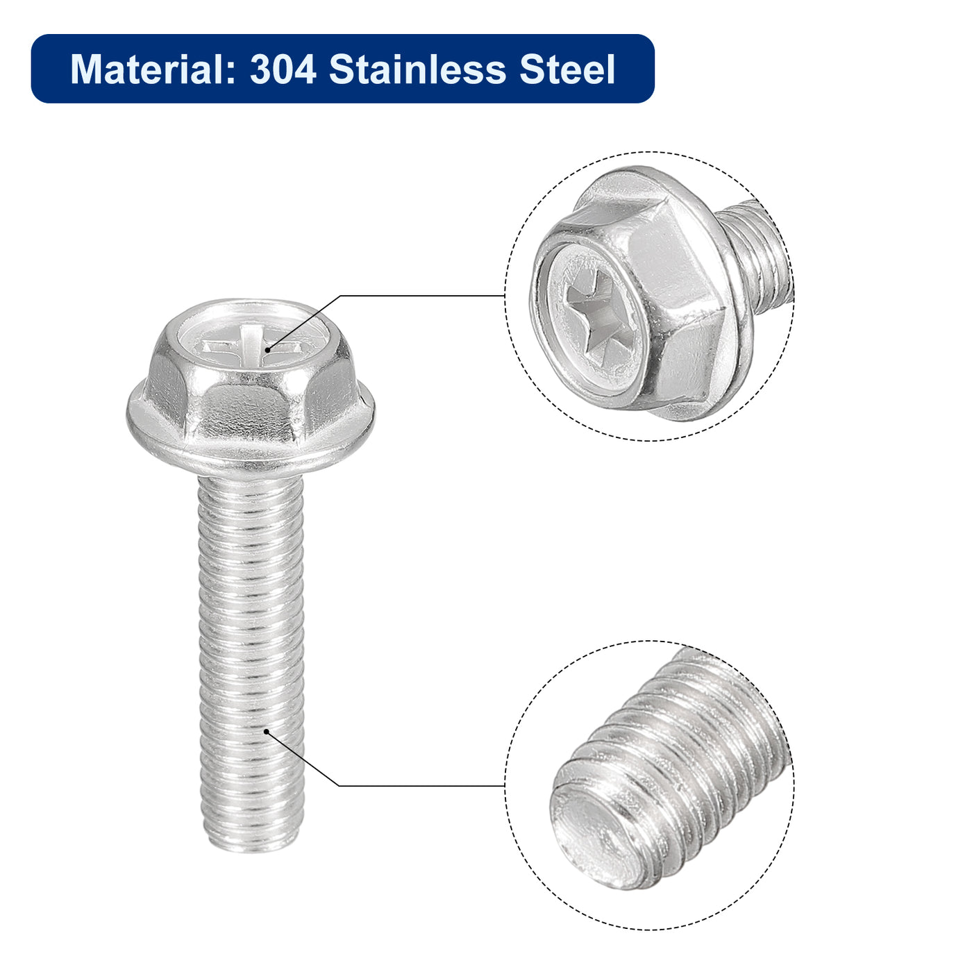 uxcell Uxcell M6x25mm Phillips Hex Head Flange Bolts, 10pcs 304 Stainless Steel Screws