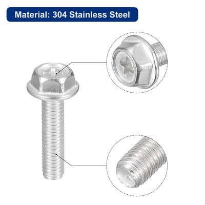 Harfington Uxcell M6x25mm Phillips Hex Head Flange Bolts, 20pcs 304 Stainless Steel Screws