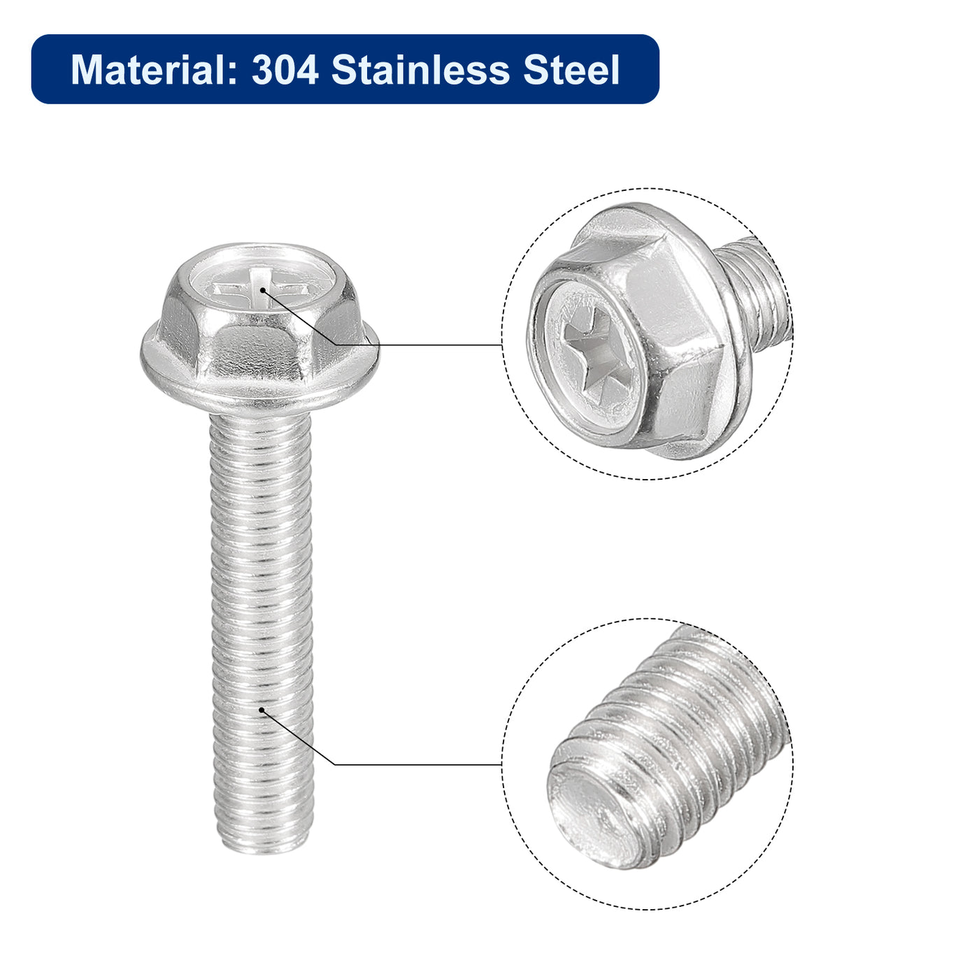uxcell Uxcell M6x30mm Phillips Hex Head Flange Bolts, 20pcs 304 Stainless Steel Screws