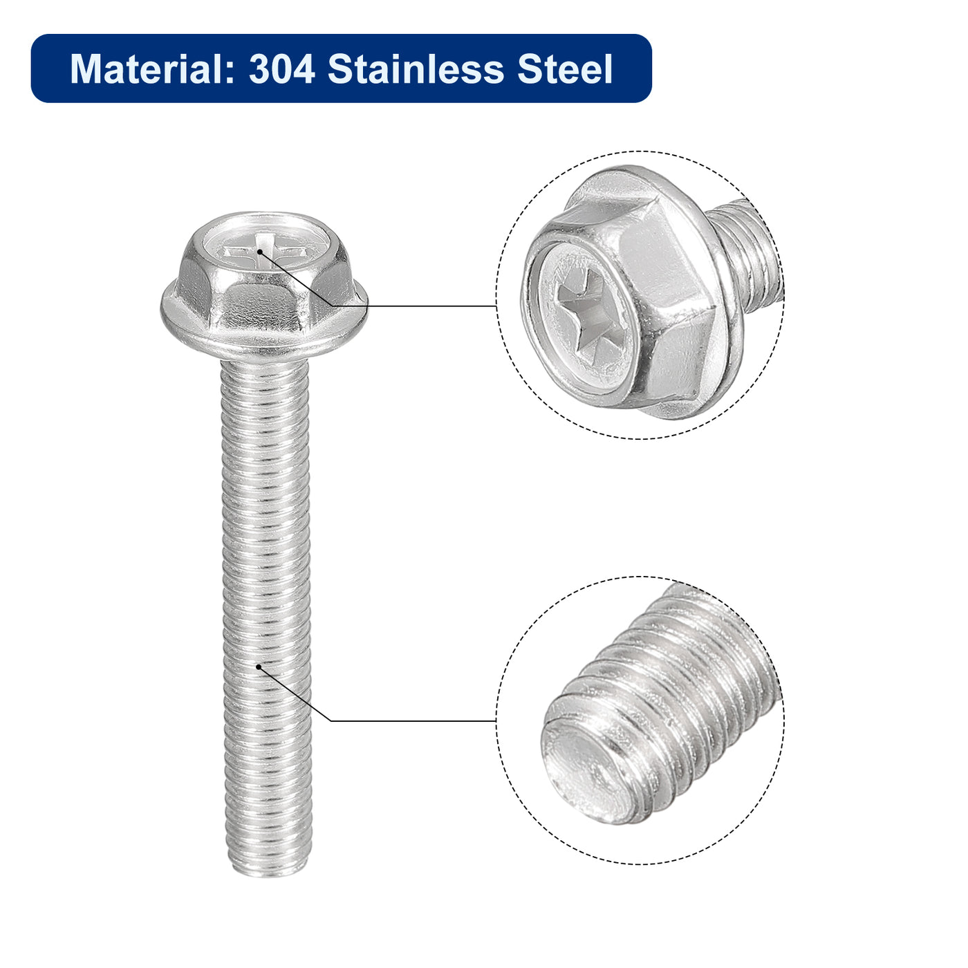 uxcell Uxcell M6x40mm Phillips Hex Head Flange Bolts, 20pcs 304 Stainless Steel Screws