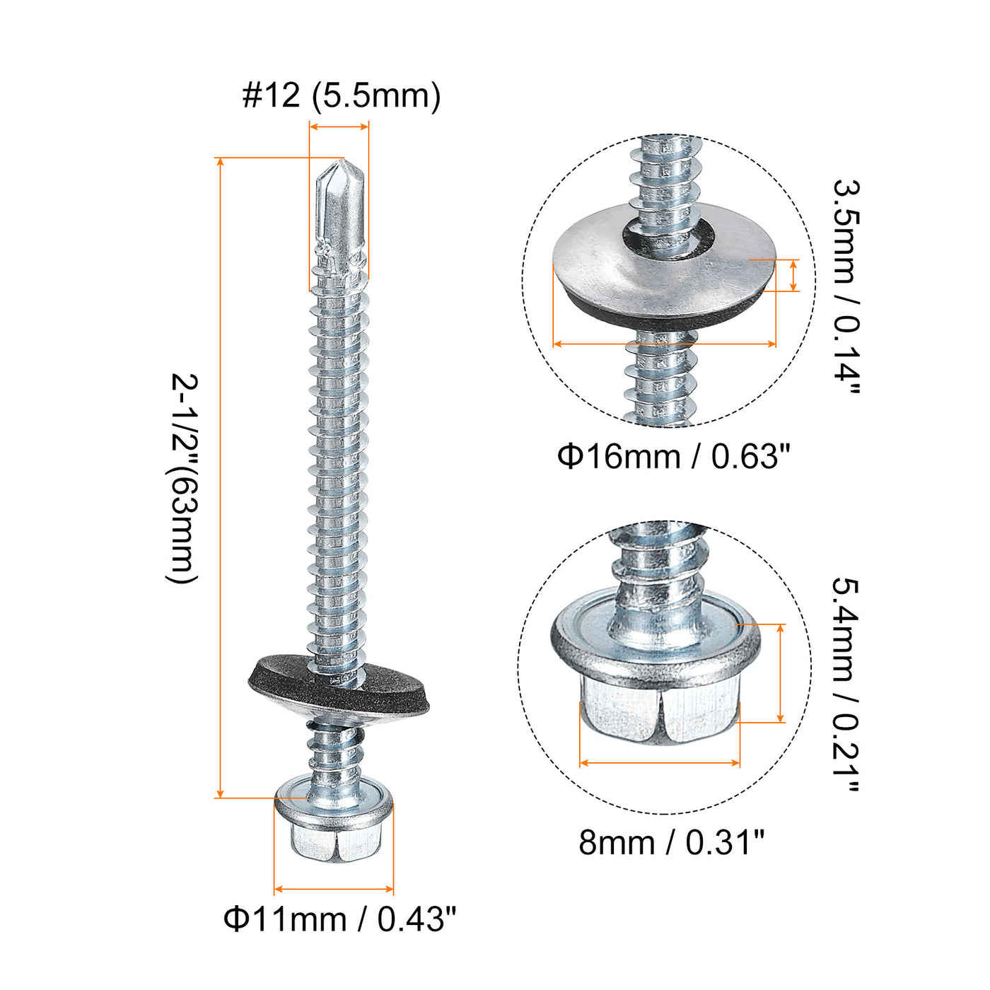 uxcell Uxcell #12 x 2-1/2" Self Drilling Screws, 25pcs Roofing Screws with EPDM Washer
