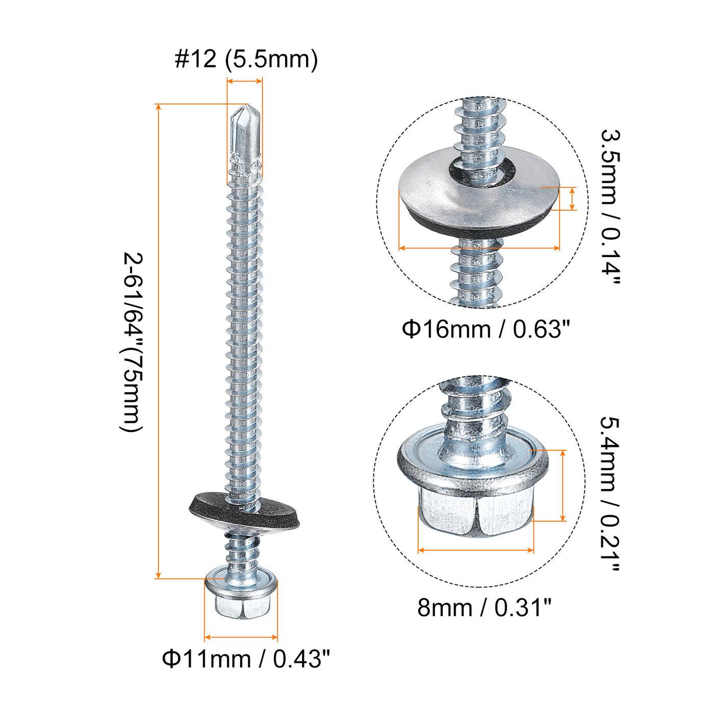 uxcell Uxcell #12 x 2-61/64" Self Drilling Screws, 25pcs Roofing Screws with EPDM Washer