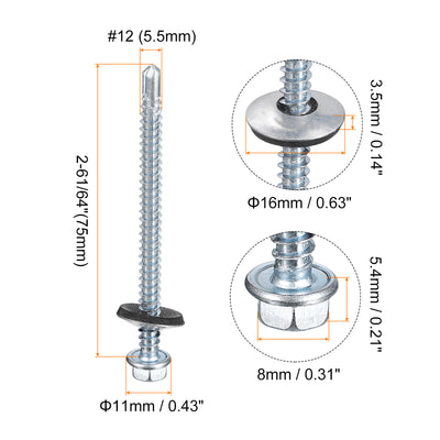 Harfington Uxcell #12 x 2-61/64" Self Drilling Screws, 25pcs Roofing Screws with EPDM Washer