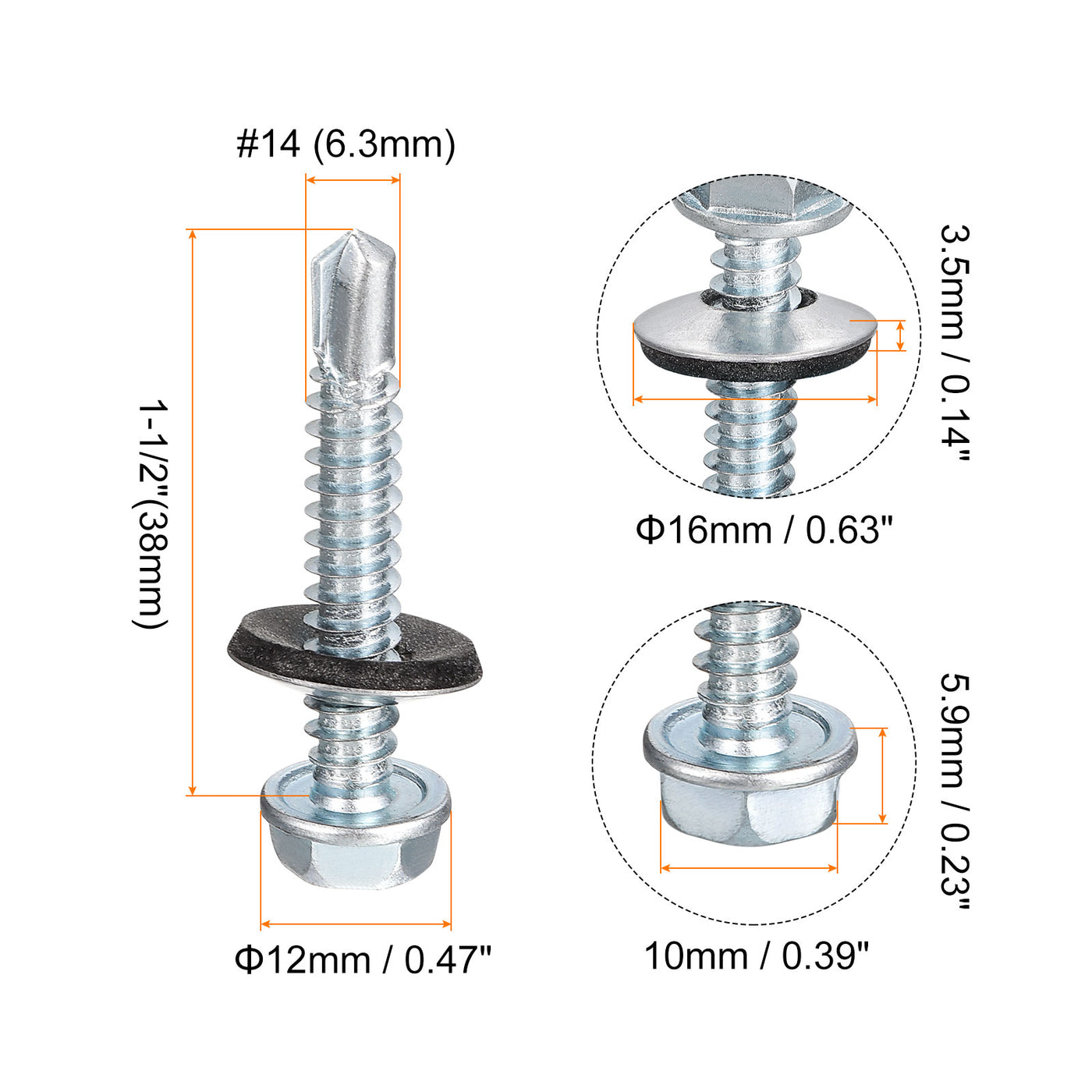 uxcell Uxcell #14 x 1-1/2" Self Drilling Screws, 100pcs Roofing Screws with EPDM Washer