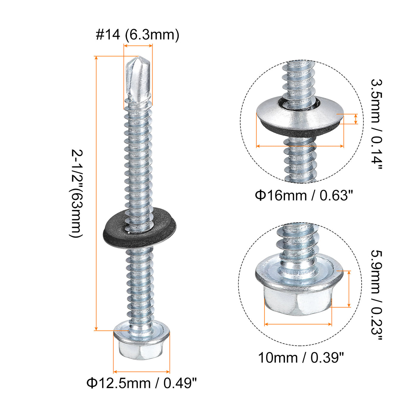 uxcell Uxcell #14 x 2-1/2" Self Drilling Screws, 100pcs Roofing Screws with EPDM Washer