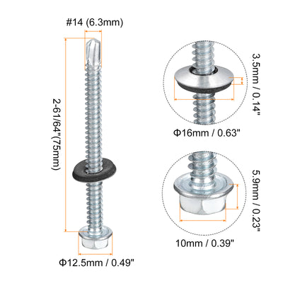 Harfington Uxcell #14 x 2-61/64" Self Drilling Screws, 50pcs Roofing Screws with EPDM Washer