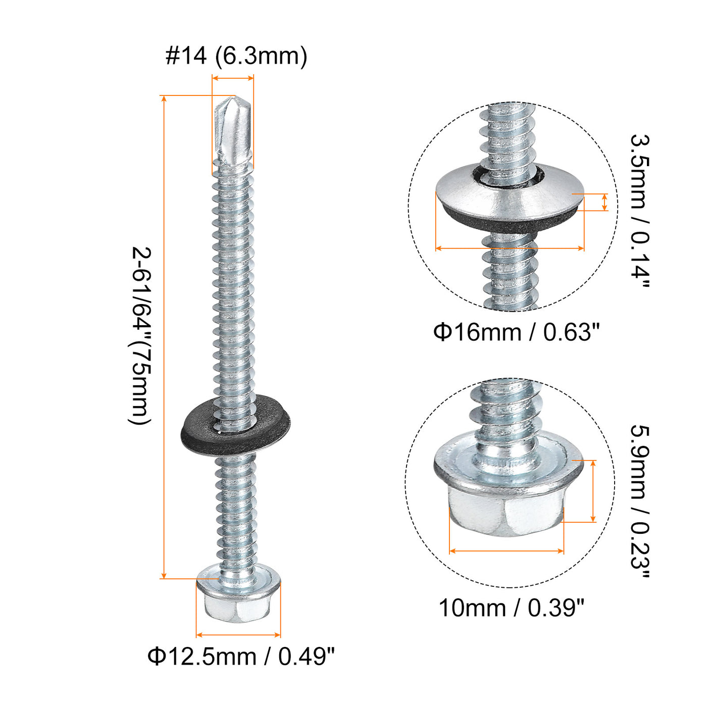 uxcell Uxcell #14 x 2-61/64" Self Drilling Screws, 100pcs Roofing Screws with EPDM Washer