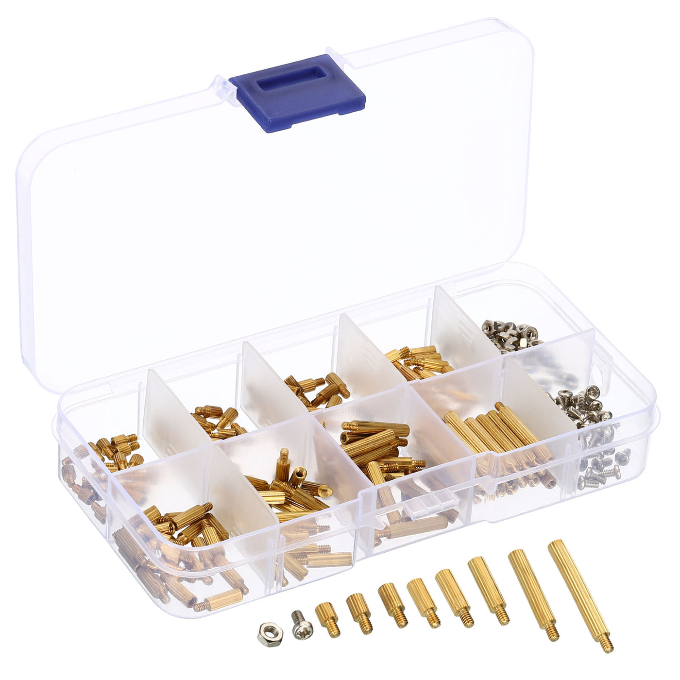 Harfington M2 Standoff Screws, 260 Pcs Male-Female Brass Cylinder Knurled PCB Standoff Nut Kit with Box for Motherboards Computer & Circuit Board Gold Tone