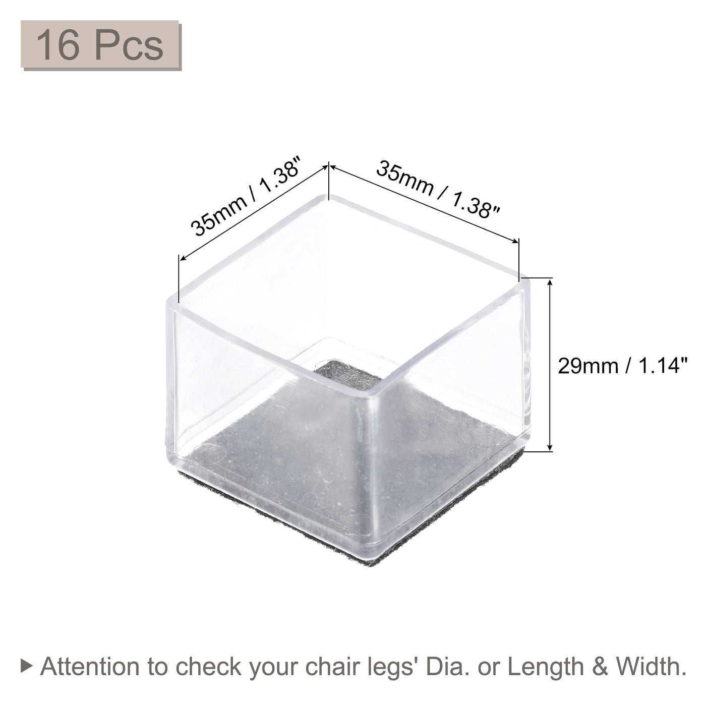uxcell Uxcell Chair Leg Floor Protectors, 16Pcs 35mm(1.38") Square PVC & Felt Chair Leg Cover Caps for Hardwood Floors (Clear White)