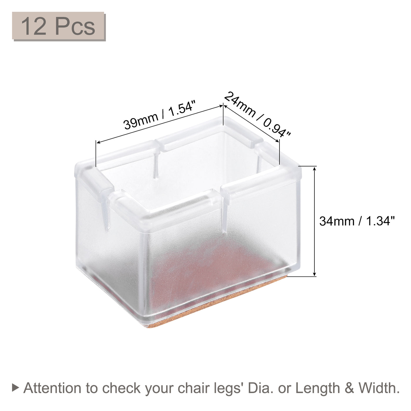 uxcell Uxcell Chair Leg Floor Protectors, 12Pcs 39mm(1.54") Rectangle PVC & Felt Chair Leg Cover Caps for Hardwood Floors (Clear White)