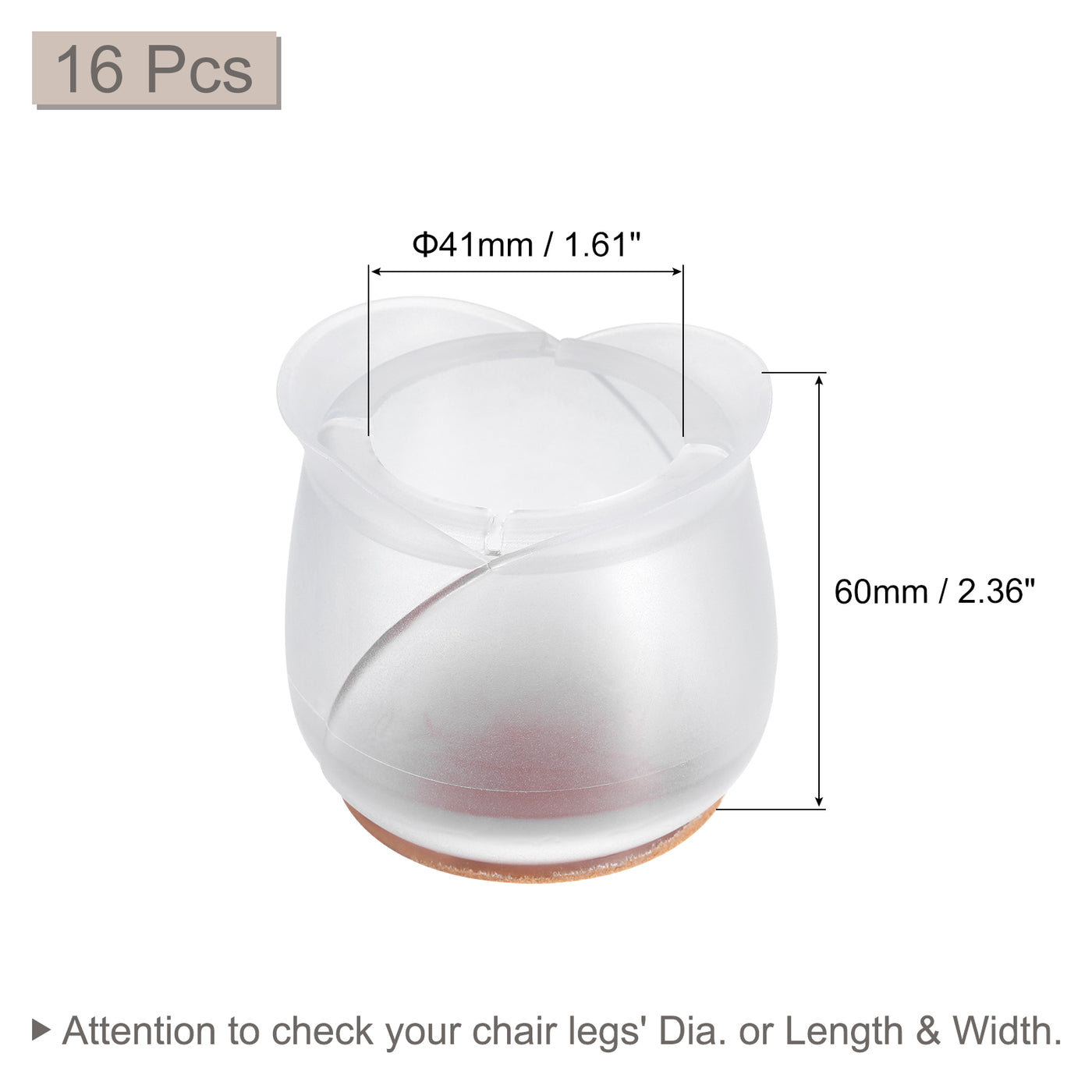uxcell Uxcell Chair Leg Floor Protectors, 16Pcs 41mm(1.61") PVC & Felt Chair Leg Cover Caps for Hardwood Floors (Clear White)