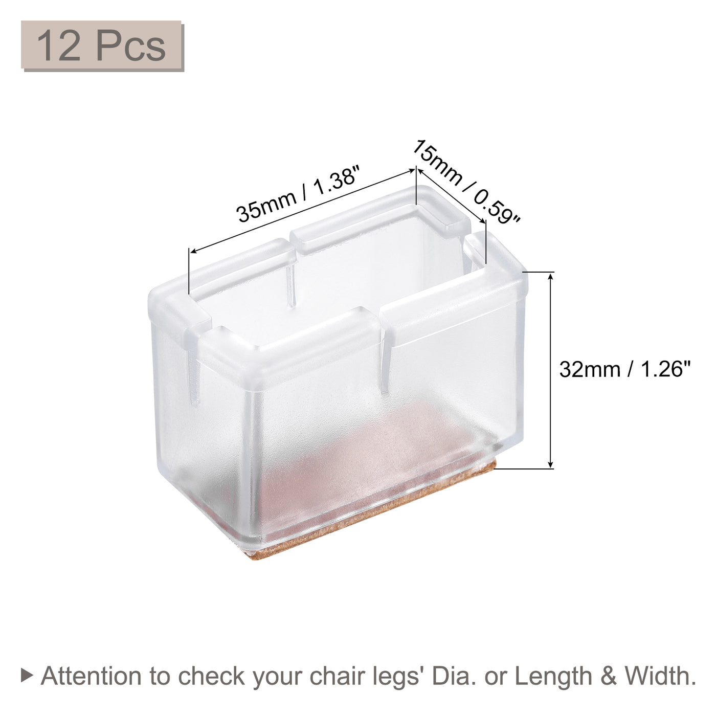 uxcell Uxcell Chair Leg Floor Protectors, 12Pcs 35mm(1.38") Rectangle PVC & Felt Chair Leg Cover Caps for Hardwood Floors (Clear White)