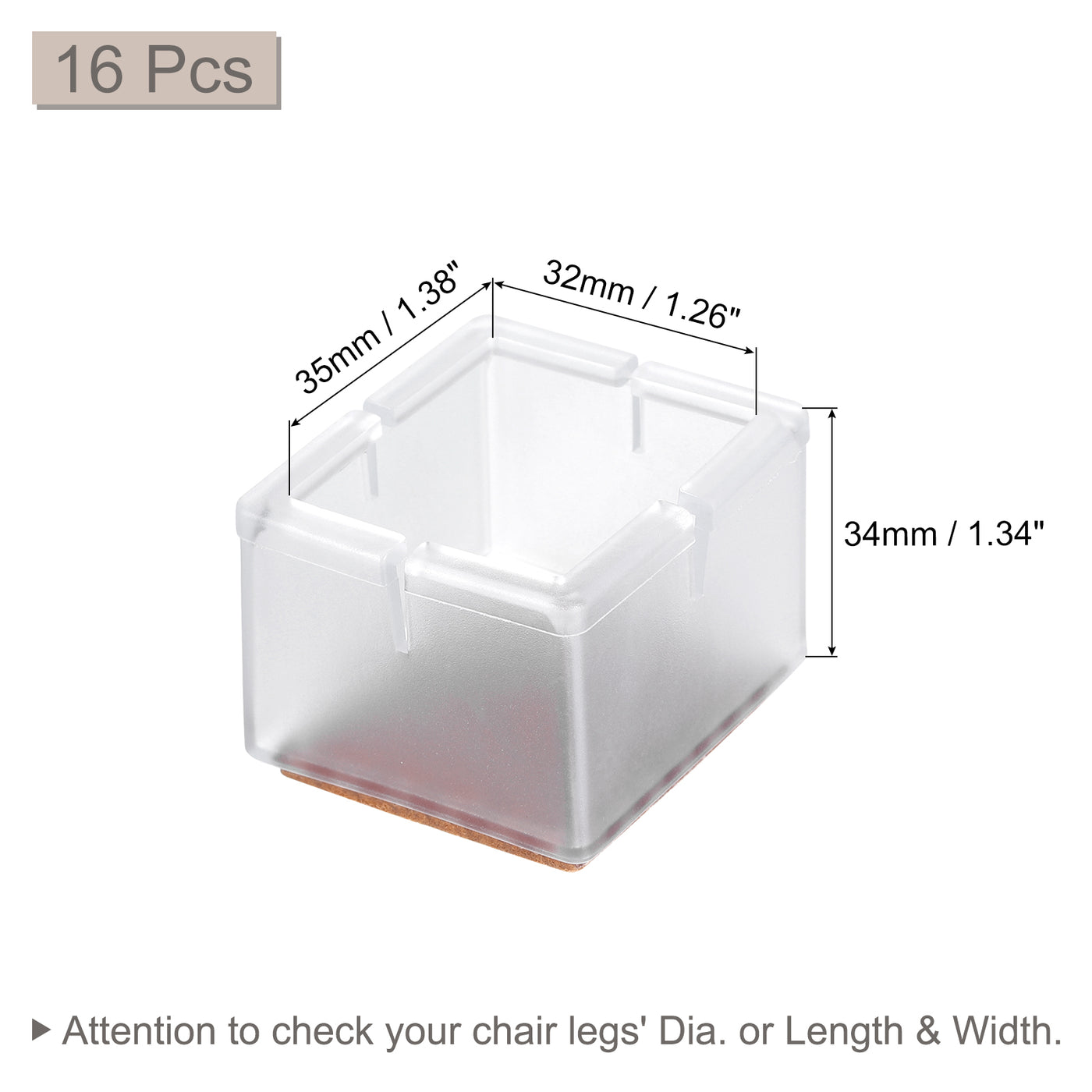 uxcell Uxcell Chair Leg Floor Protectors, 16Pcs 35mm(1.38") Rectangle PVC & Felt Chair Leg Cover Caps for Hardwood Floors (Clear White)