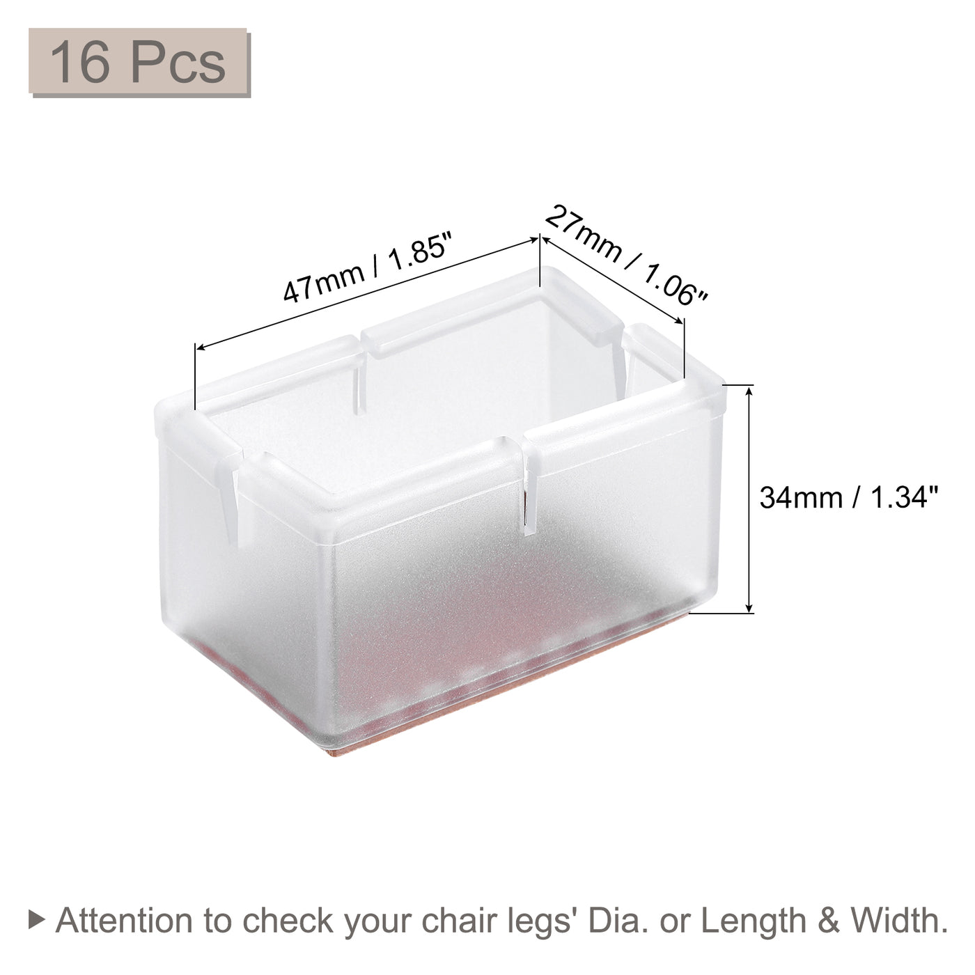 uxcell Uxcell Chair Leg Floor Protectors, 16Pcs 47mm(1.85") Rectangle PVC & Felt Chair Leg Cover Caps for Hardwood Floors (Clear White)