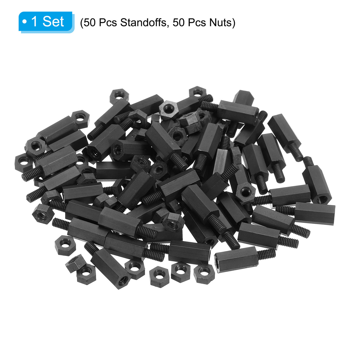 Harfington M2.5 Nylon Hex Standoff Screws Nuts, 100Pack PCB Threaded Kit(10mm+5mm, Black)