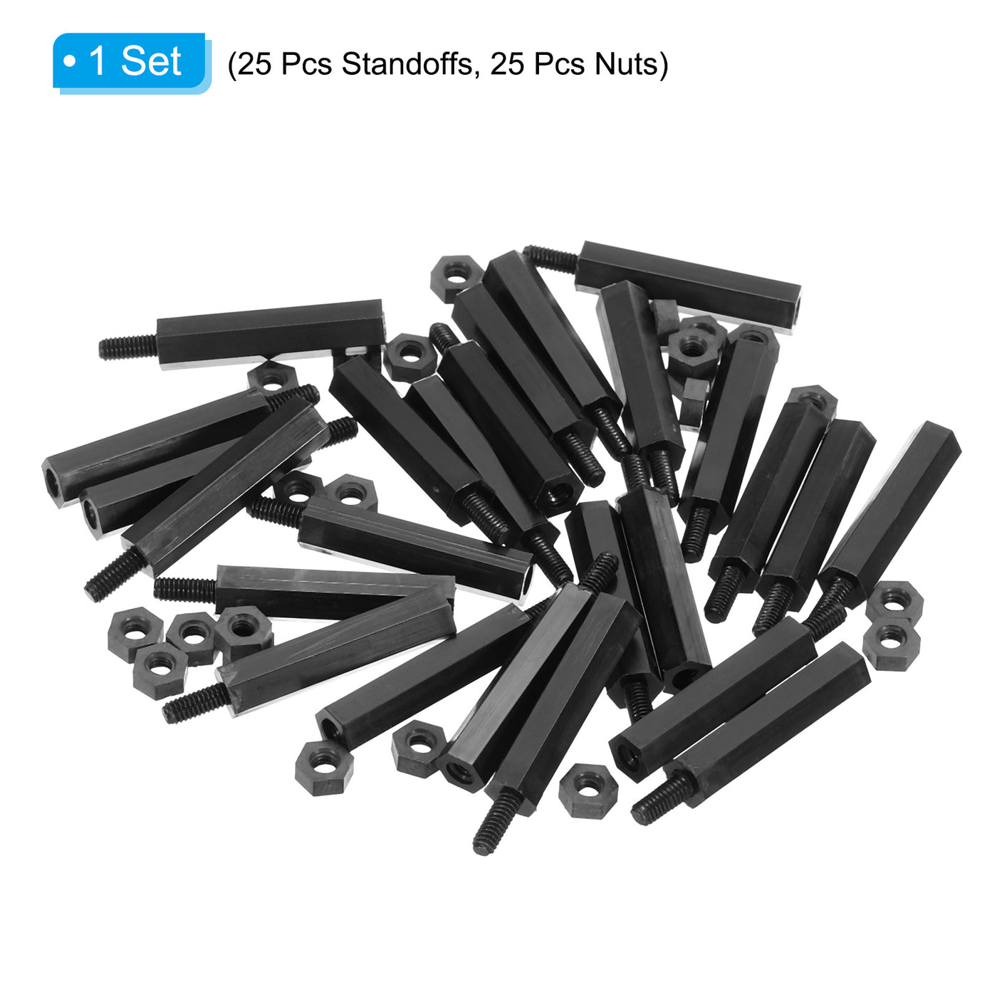 Harfington M2.5 Nylon Hex Standoff Screws Nuts, 50Pack PCB Threaded Kit(22mm+5mm, Black)